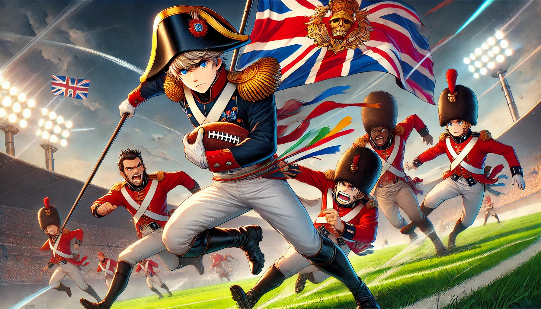 Illustration de style anime montrant un soldat napoléonien jouant au flag football contre des soldats britanniques. Il court avec détermination, des drapeaux colorés accrochés à sa ceinture, tandis que ses adversaires en uniformes rouges tentent de l’attraper.